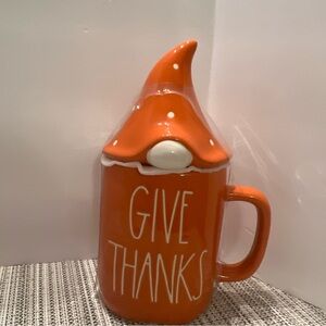 Rae Dunn 'Give Thanks' Gnome lid Mug. 9" tall. Ceramic. Brand new.